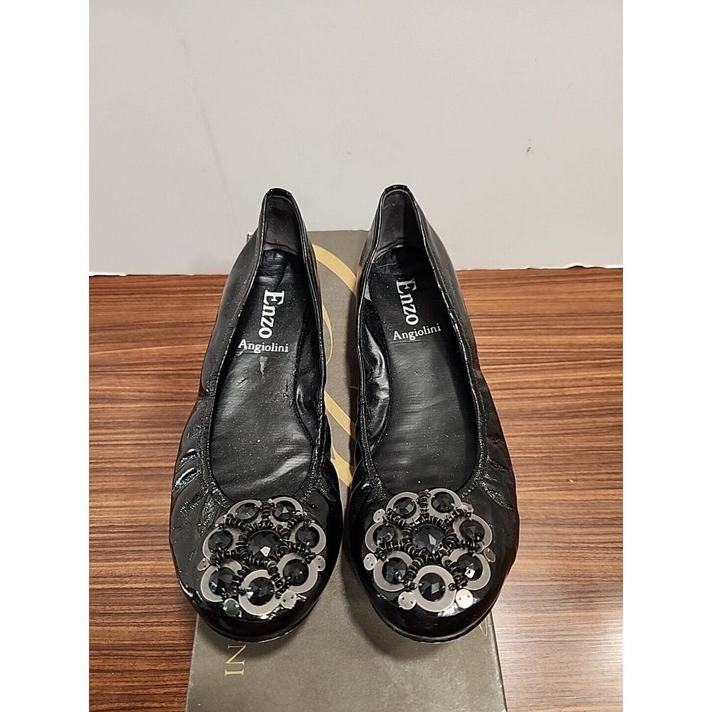 Enzo Angiolini Womens 7 M‎ Patent Black Leather Embellished Toe Ballet Flats